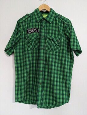 Modern Culture Shirt Button Up Mens Large Short Sleeve 100% Cotton Plaid Patch